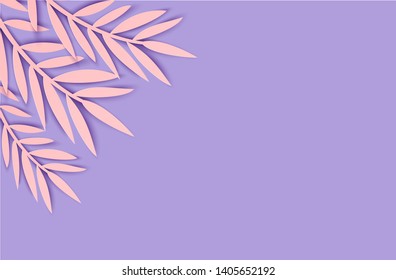 Abstract paper cut leaves for banner design. Party invitation. Vector floral template. Jungle foliage illustration. Tropical paper palm, monstera origami leaves on violet background.