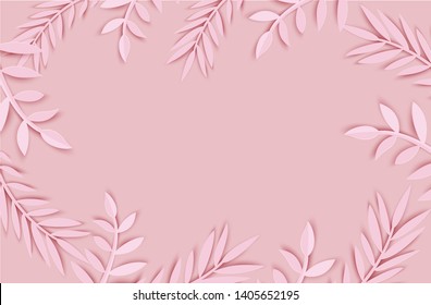 Abstract paper cut leaves for banner design. Party invitation. Vector floral template. Jungle foliage illustration. Tropical paper palm, monstera origami leaves frame on pink background