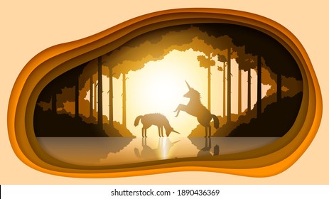 Abstract Paper Cut Nature Landscape Background With Unicorns Tree Forest Water Vector Design Style