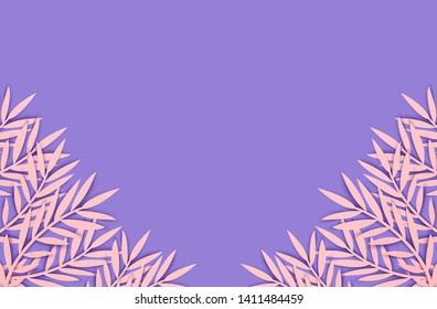 Abstract paper cut pink leaves for banner design. Party invitation. Vector floral template. Jungle foliage illustration. Tropical paper palm leaves on violet background
