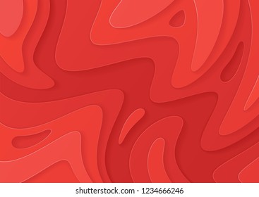 Abstract paper cut red background with wavy layers; Realistic carving art; Vector 3d template; Material design concept.