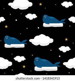 Abstract paper cut seal seamless pattern background. Childish crafted seal  bird for design holiday wrapping paper, baby nappy, textile, birthday wallpaper etc.