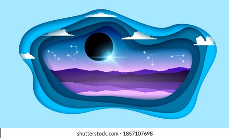 Abstract Paper Cut Sky Background With Eclipse Constellations Mountains Water Clouds Night Vector Style