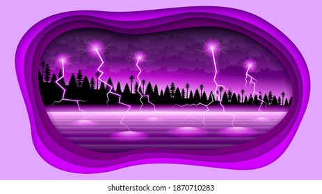 Abstract Paper Cut Sky Lightning Thunder Background With Water Trees Clouds Vector Style