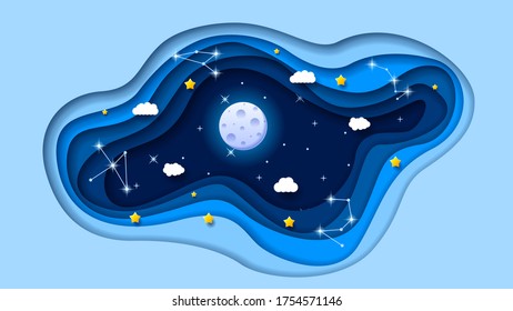 Abstract Paper Cut Sky Night Background With Moon Stars Clouds Constellations Midnight Vector Style