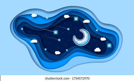 Abstract Paper Cut Sky Night Background With Moon Stars Clouds Midnight Vector Style