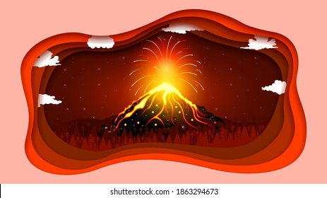 Abstract Paper Cut Sky Night Background With Volcano Lava Fire Flame Eruption Clouds Midnight Vector Style