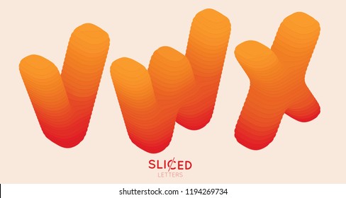 Abstract paper cut sliced letters with color gradient. Paper sclices with soft shadow form 3d letters. Minimalistic design. Alphabet vector illustration. Paper craft symbols V W X