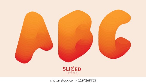 Abstract paper cut sliced letters with color gradient. Paper sclices with soft shadow form 3d letters. Minimalistic design. Alphabet vector illustration. Paper craft symbols A B C