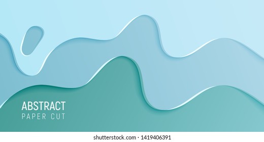Abstract paper cut slime background. Banner with slime abstract background with cyan blue paper cut waves. Vector illustration.