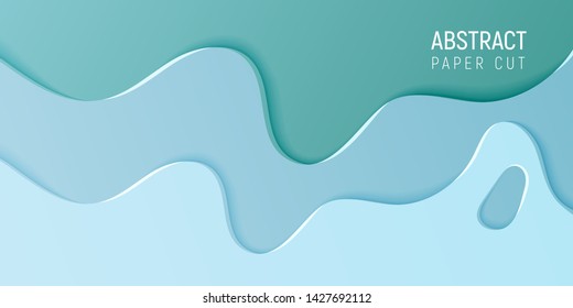 Abstract paper cut slime background. Banner with slime abstract background with cyan blue paper cut waves. Vector illustration