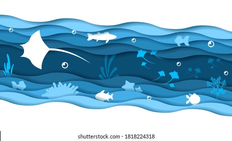 Abstract Paper Cut Slope Fish Swim On Water White Background Vector Design Style