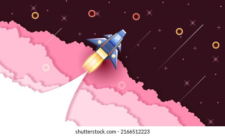 Abstract Paper Cut Spaceship Clouds Dark Space Space Galaxy Universe Background Gradient Objects Stars Vector Design Style