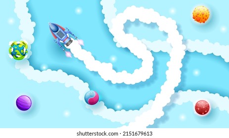 Abstract Paper Cut Spaceship Light Space Planets Space Galaxy Universe Clouds Background Gradient Objects Stars Vector Design Style