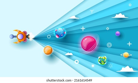 Abstract Paper Cut Spaceship Light Space Planets Space Galaxy Universe Background Gradient Objects Stars Vector Design Style