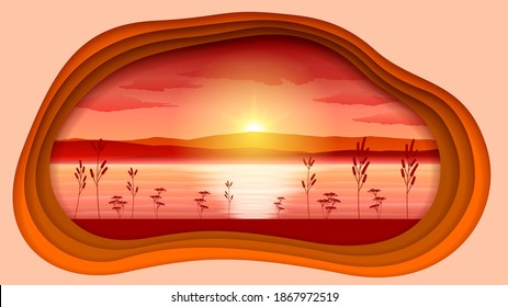 Reseña De Papel Cortado Fondo De Atardecer Con Nubes De Montañas Planta Y Estilo Vector De Agua