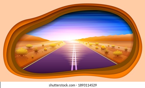 Abstract Paper Cut Sunset Background With Mountains Clouds Road And Plants Vector Style