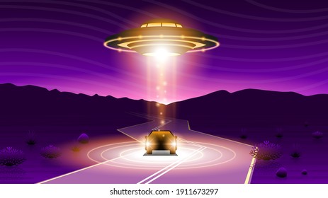 Abstract Paper Cut Sunset Background With Unidentified Flying Object Alien Ufo Mountains Road Car Vector Style