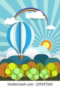 Abstract paper cut with sunshine,rainbow,hill,trees, cloud and balloon on light blue background.Flat design style for spring card