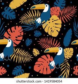 Abstract paper cut toucan seamless pattern background. Childish crafted toucan  bird for design holiday wrapping paper, baby nappy, textile, birthday wallpaper etc. 