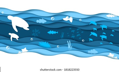 Abstract Paper Cut Turtles Fish Swim On Water White Background Vector Design Style