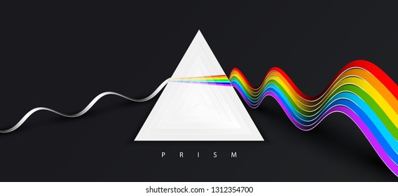 Abstract paper cut vector. The illustration shows the process of splitting white light ray into its constituent spectral colors through a prism. Educational picture of the optical physical process.