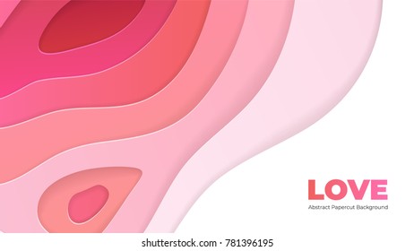 Abstract paper cut wallpaper design. Vector creative illustration. Romantic background textured with wavy red and pink paper layers. 3d papercut effect for wide screen.