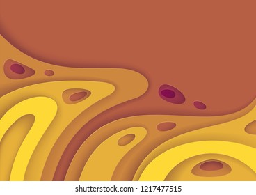 Abstract paper cut warm background with wavy layers; Realistic carving art; Vector 3d template with place for text.