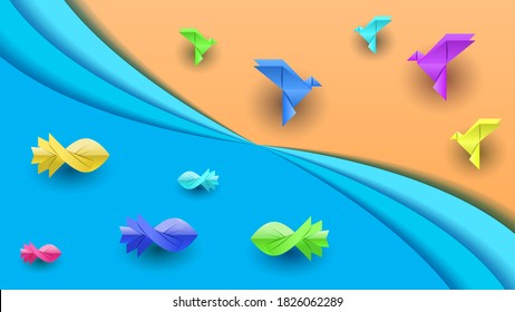 Abstract Paper Cut Water Wave Background With Birds Fishes Vector Design Style