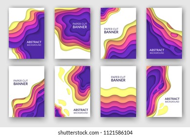 Abstract paper cut wave shapes banner set. Layered curve brochure design for presentations, flyers and posters. Cover leaflet 3D vector illustration