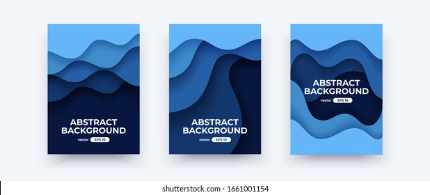 Abstract paper cut waves covers. Vertical banners, brochures, posters. Water template. Simple realistic design. Beautiful background. Flat style vector eps10 illustration. Blue color.