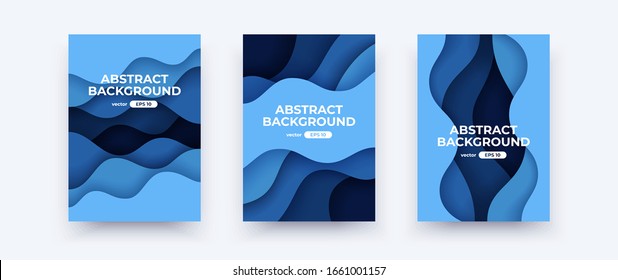 Abstract paper cut waves covers. Vertical banners, brochures, posters. Water template. Simple realistic design. Beautiful background. Flat style vector eps10 illustration. Blue color.