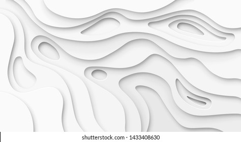 Abstract paper cut white background. Topographic canyon map light relief texture, curved layers and shadow. Paper topography pattern art 3d vector banner