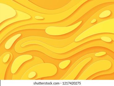 Abstract paper cut yellow background with wavy layers; Realistic carving art; Vector 3d template; Material design concept.