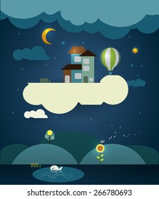 Abstract paper cut-fantasy home sweet home -moon with stars-balloon on cloud and dark blue sky at night .Tree,Flower with hill and white fish in the water.Blank space for design