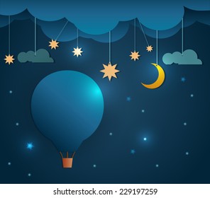 Abstract paper cut-Hot air balloon and moon with stars-cloud and sky at night .Blank space for your design.Vector file.