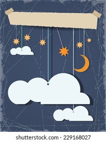 Abstract paper cut.Night sky background and blank cloud design element with place for your text.Grunge paper textured background.Vector file.