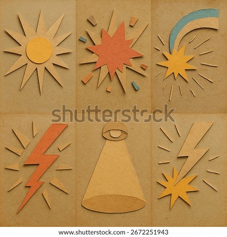 Abstract paper cutout explosion, lightning, starburst, rainbow,