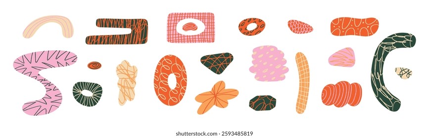 Abstract paper cutout shapes, organic geometric figures inspired, colorful summer texture, creative kid friendly design. Flat vector illustration isolated on white background.