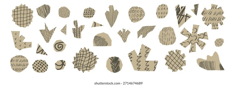 Abstract paper cutouts with crayon texture. Geometric collage shapes in rough doodle. Handcrafted elements inspired by Matisse's organic art and modern paper craft design, Vector abstract elements.