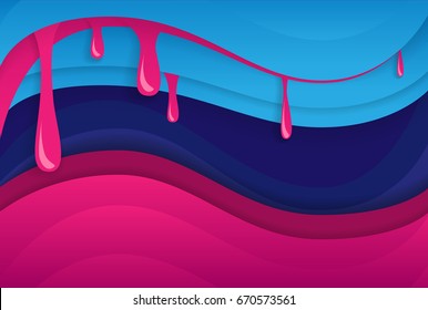 Abstract paper deep waves background  with liquid syrup drops flowing down, bubble gum