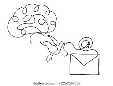 Abstract paper envelope with bird and brain as line drawing on white background. Vector