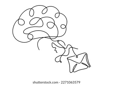 Resumen sobre de papel con pájaro y cerebro como dibujo de línea sobre fondo blanco. Vector