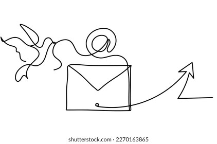 Abstract paper envelope with bird and direction as line drawing on white background. Vector