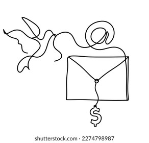 Abstract paper envelope with bird and dollar as line drawing on white background. Vector
