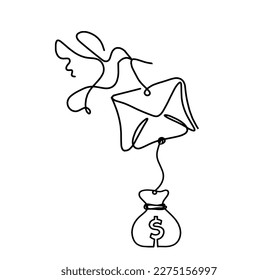 Abstrakter Papierumschlag mit Vogel und Dollar als Linie auf weißem Hintergrund. Vektorgrafik