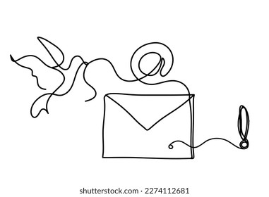 Sobre de papel abstracto con pájaro y signo de exclamación como dibujo de línea sobre fondo blanco. Vector