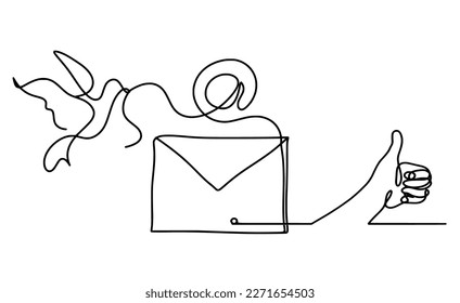 Abstract paper envelope with bird and hand as line drawing on white background. Vector