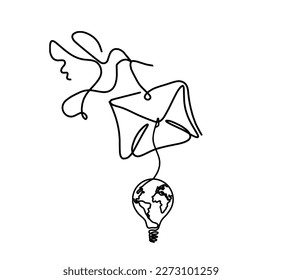 Abstract paper envelope with bird and light bulb as line drawing on white background. Vector