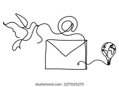 Abstrakter Papierumschlag mit Vogel und Glühbirne als Linienzeichnung auf weißem Hintergrund. Vektorgrafik